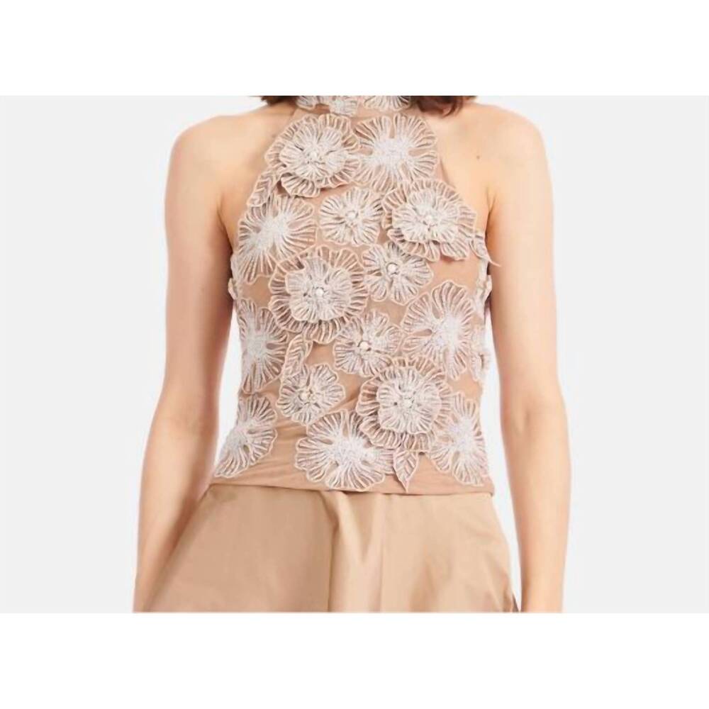 NEW EMILY SHALANT pearl beaded flower mock neck top in suntan